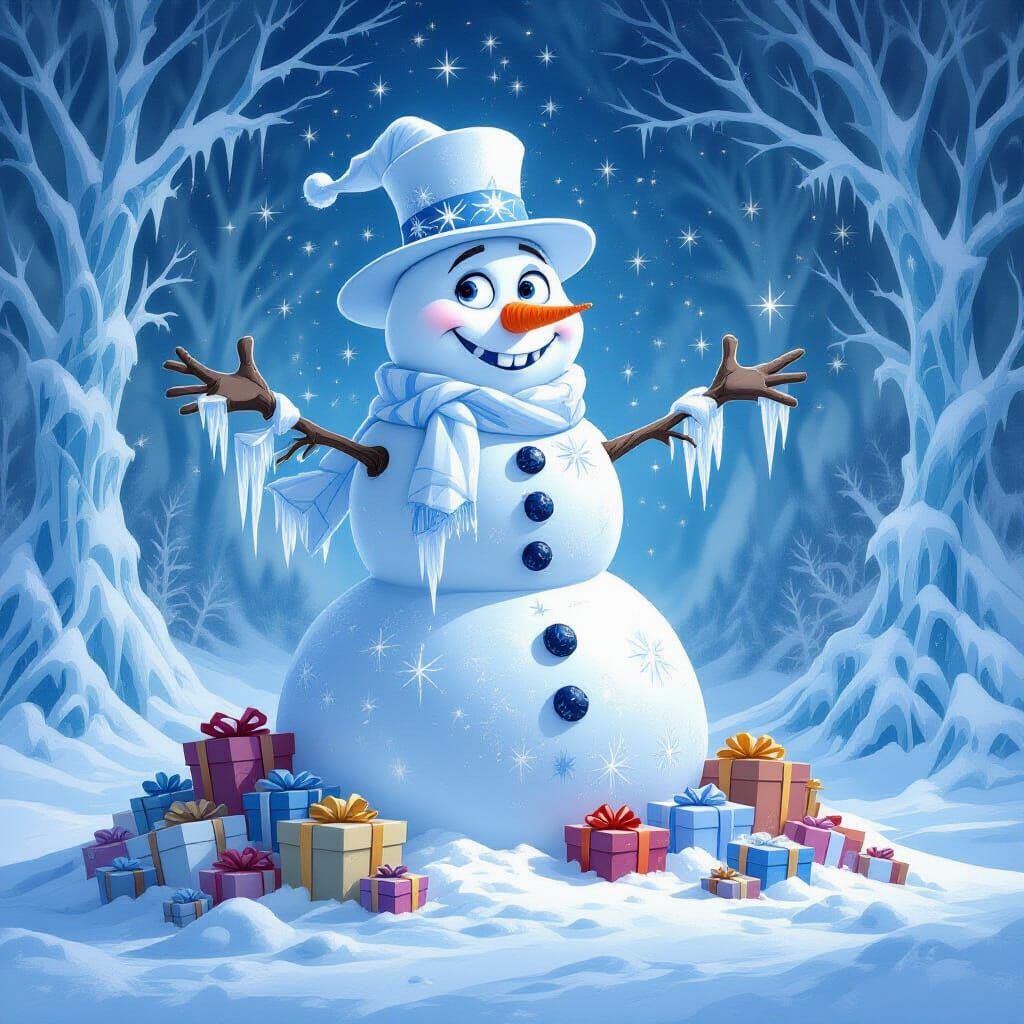 Sentient Starlight Snowman Guards Frozen Forest