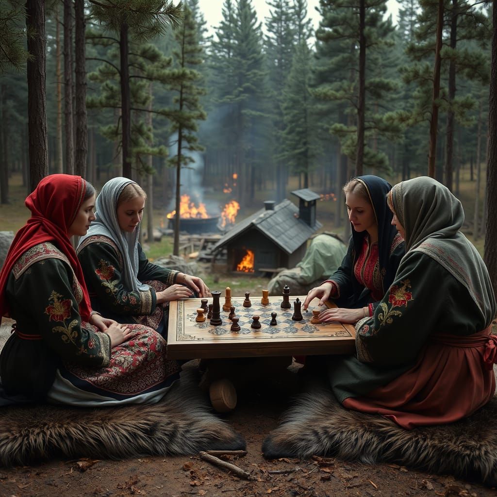 Slavic Women Play Ancient Board Games in a Burning Village