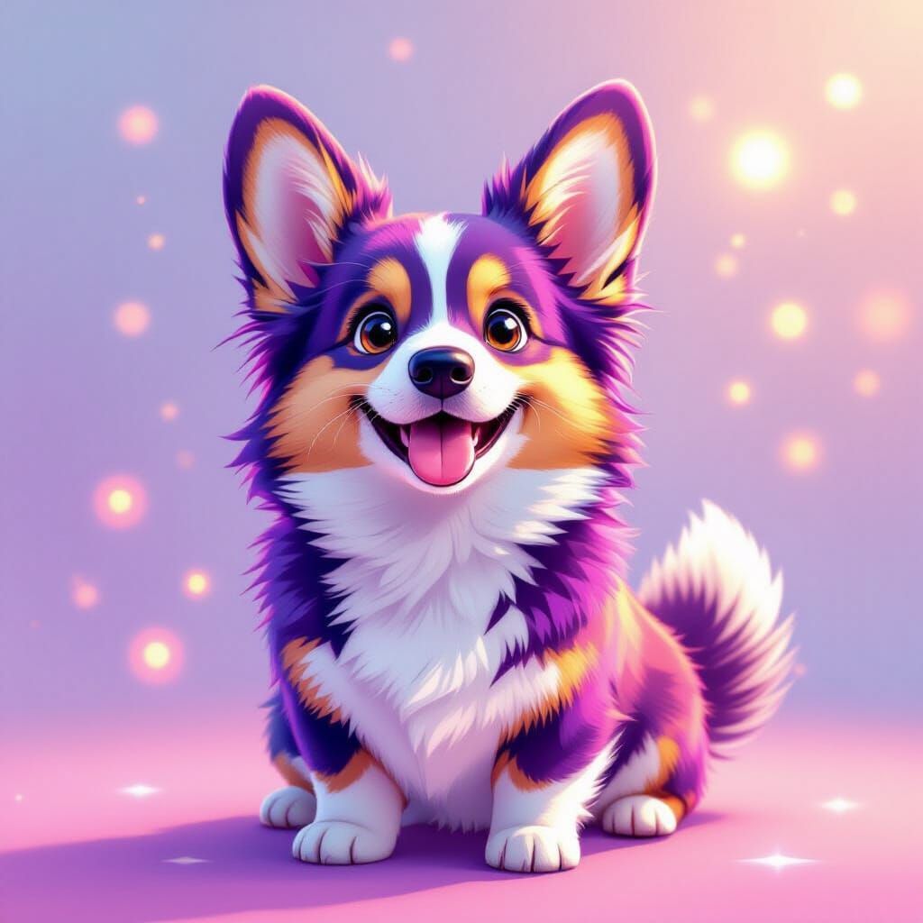Vibrant Purple, Pink, and Blue Corgi in Digital Illustration...
