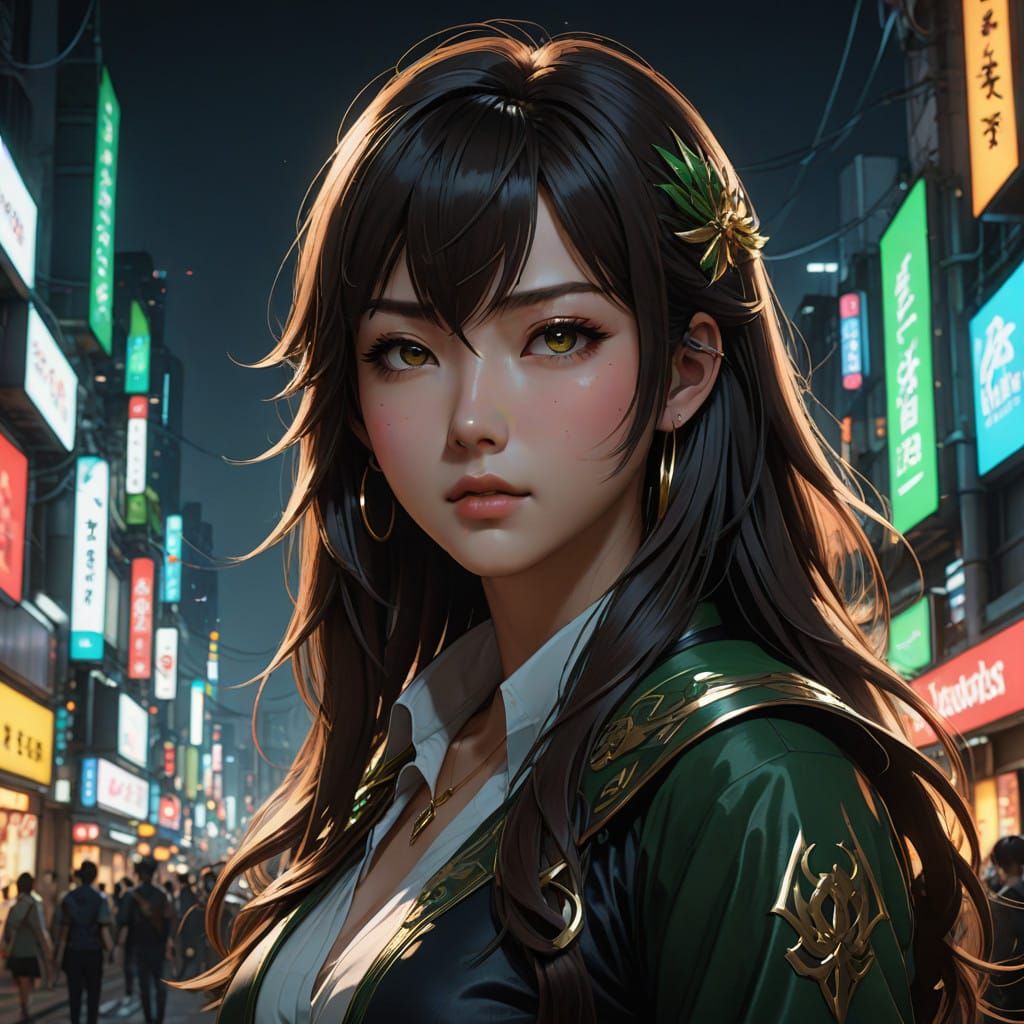 Anime Girl with Piercing Eyes in Electric Ambiance