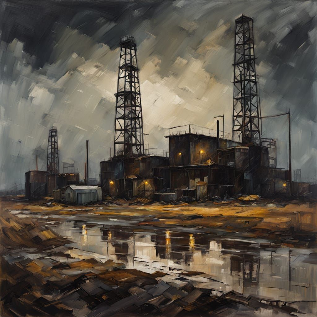 Oil Painting of Desolate Industrial Landscape with Oil Rigs