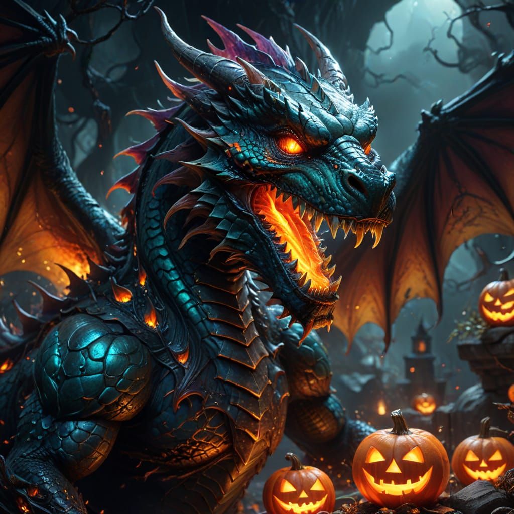 Majestic Fire-Breathing Dragon in Halloween Fantasy Art