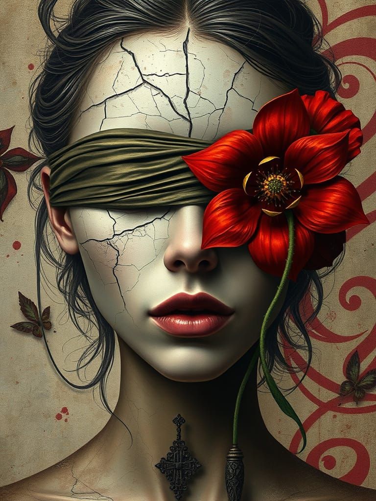 Cracked Portrait with Red Flower in Surreal Digital Art