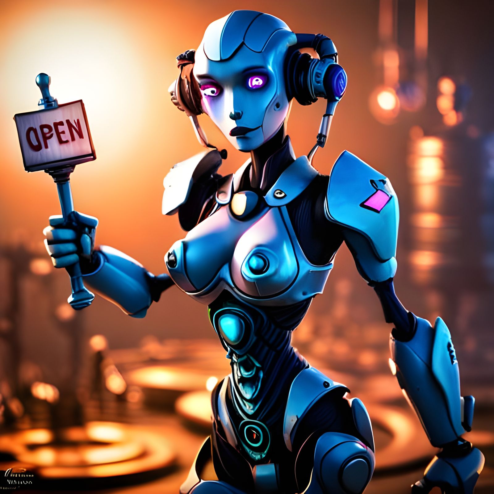 Robot Female Holding Sign in 3D Digital Art