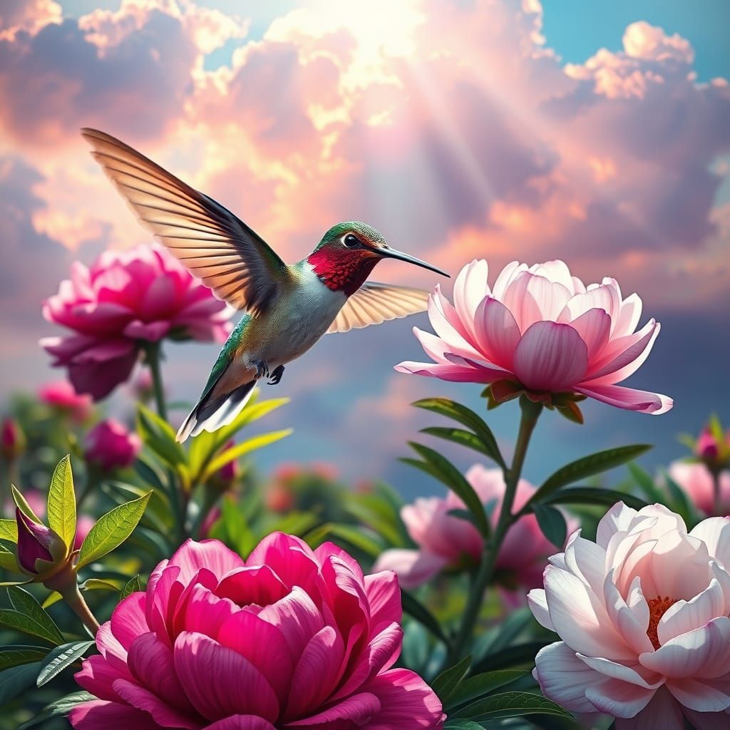 Hummingbird Over Lush Peony Bush, Hyperrealistic Splash Art