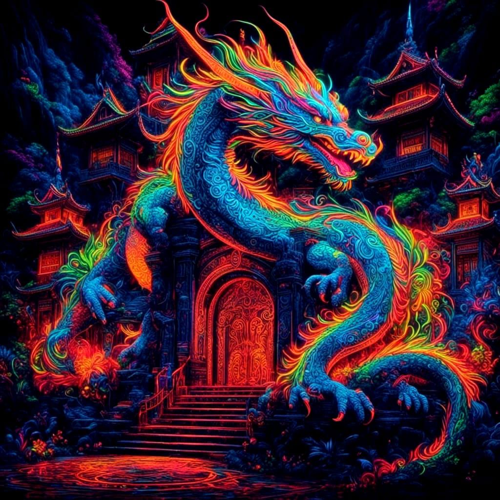 Glowing Dragon Protects Neon Castle in Fantasy Art