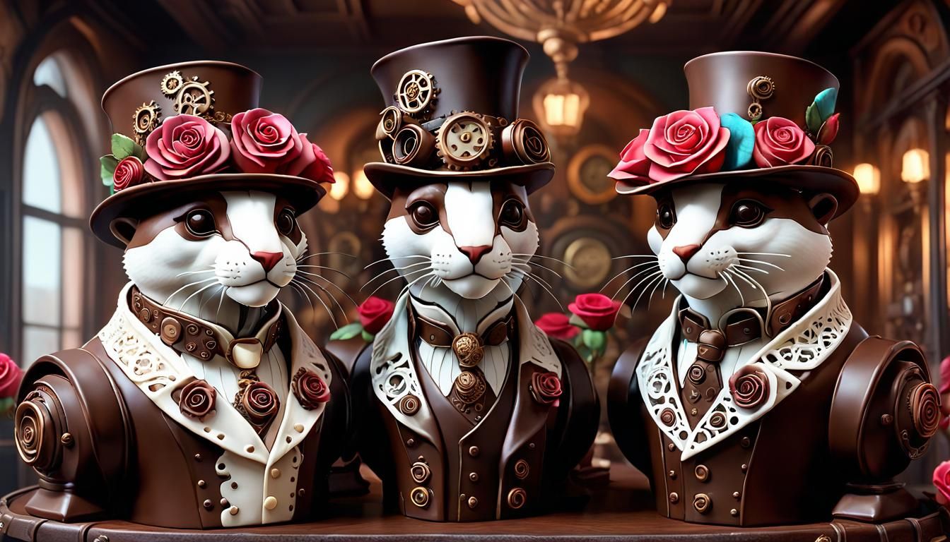 Steampunk Chocolate Animals in Rose-Filled Valentine Setting