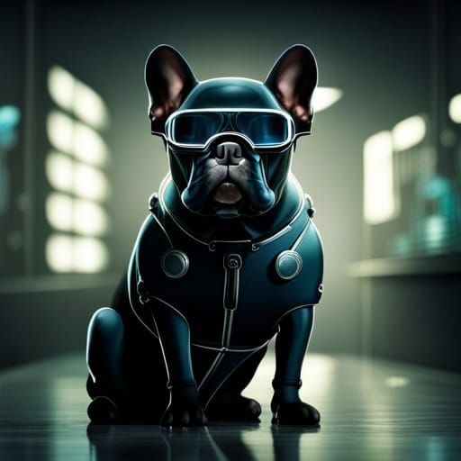 French bulldog like a Robocop in a laboratory Epic cinematic...