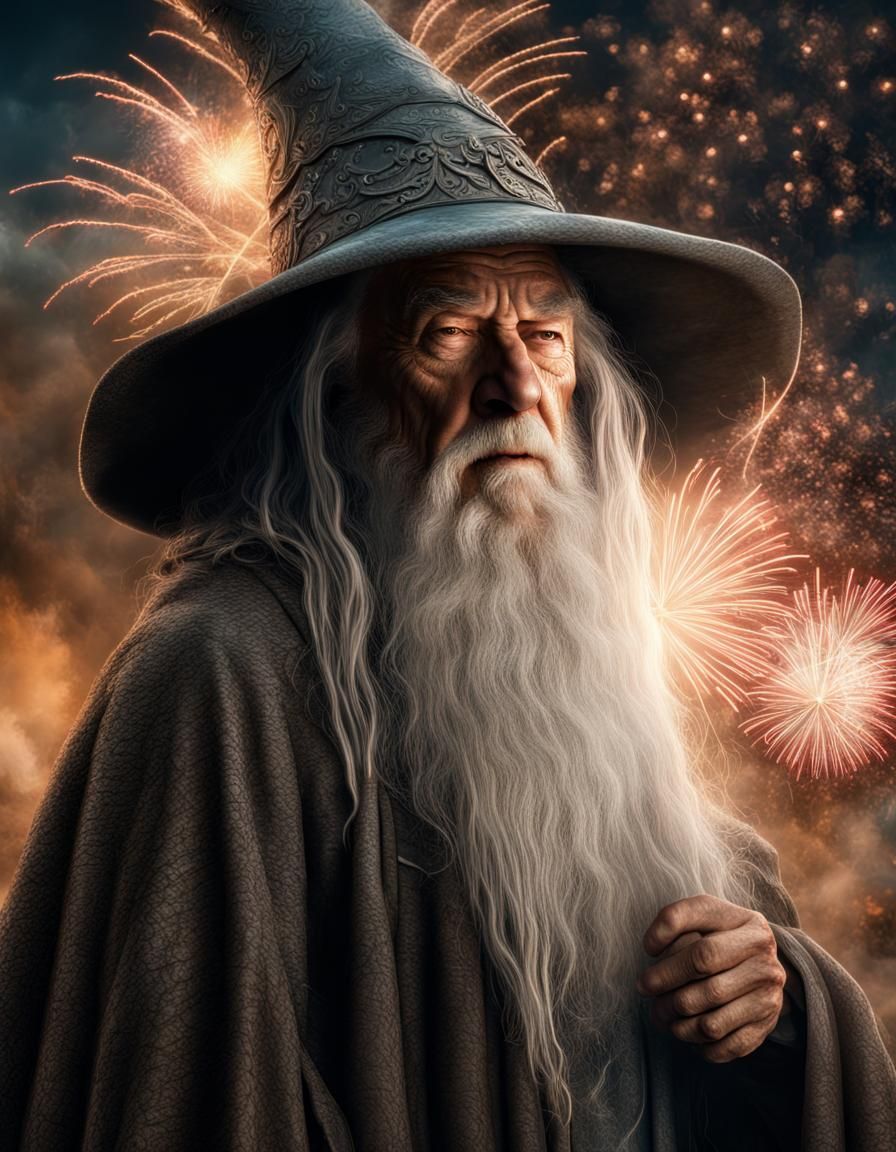 Gandalf and Fireworks in Digital Matte Painting Style