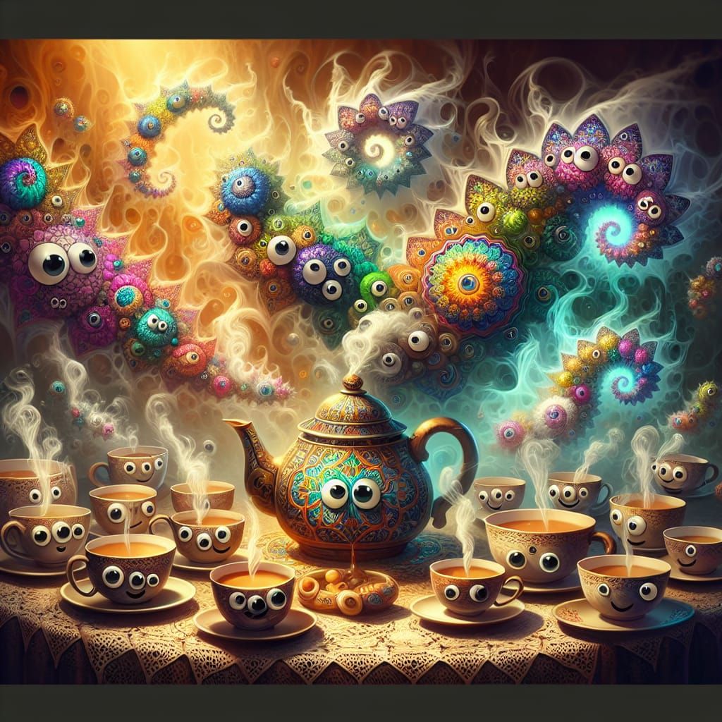 Whimsical Tea Party with Fractal Smoke, Digital Illustration