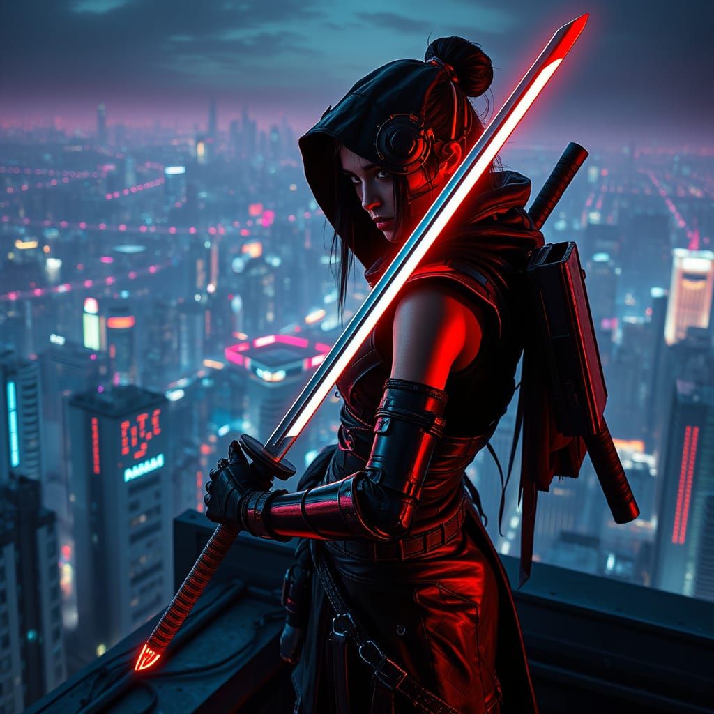 A cyberpunk ninja stands on a neon-lit rooftop overlooking a...