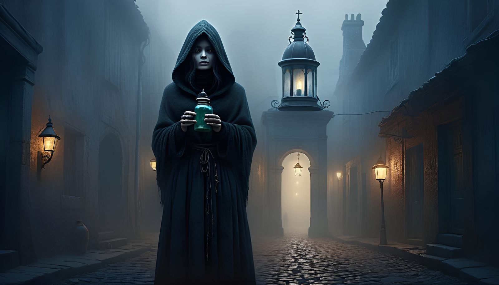 Mysterious Hooded Woman in Atmospheric Horror Scene