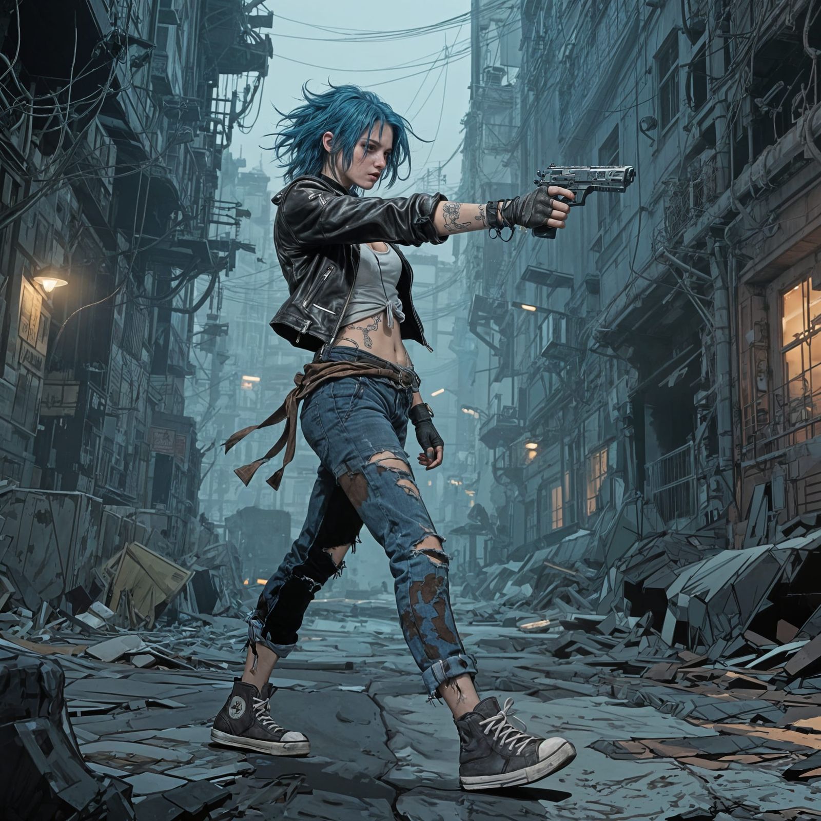 Punk Girl Aims Pistol in Dystopian City Comic Style