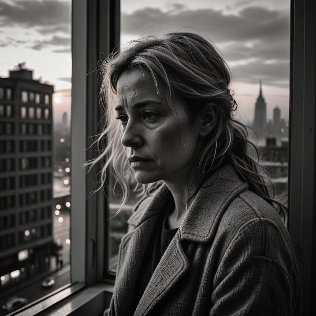 Photorealistic Portrait of a Weary Woman at Dawn