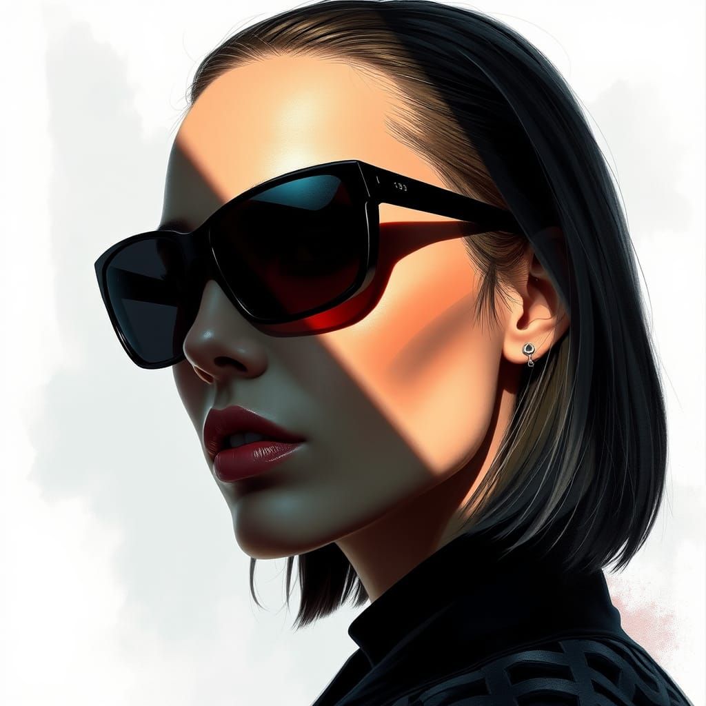 A mysterious woman with sharp, angular features and sleek, shoulder-length hair wearing oversized sunglasses. The contra...