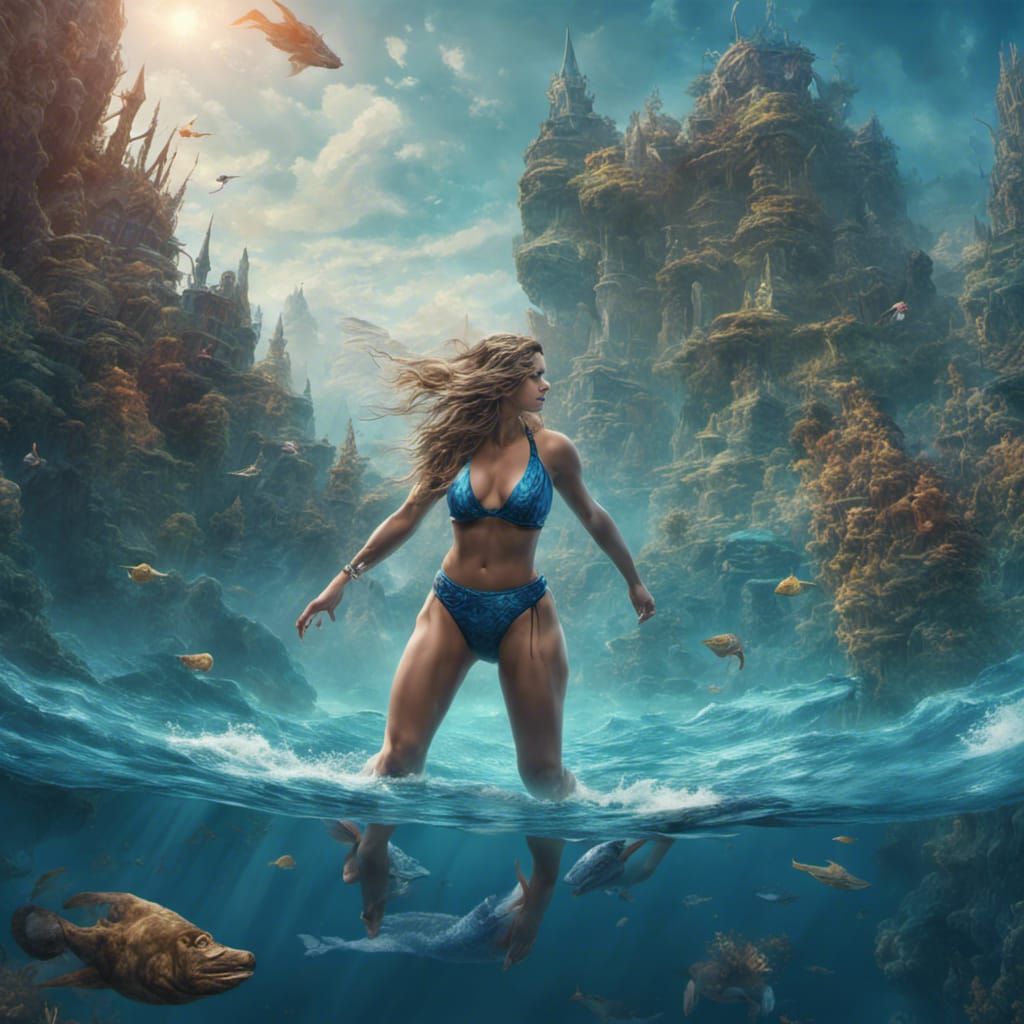 Girl Swimming with Whale in Detailed Digital Painting