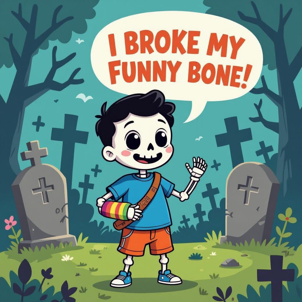 Cute Cartoon Skeleton Boy with Broken Funny Bone