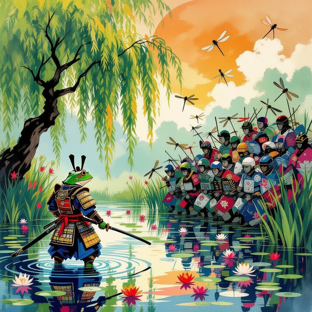 Samurai Frog Warrior Battles Dragonflies in Abstract Style