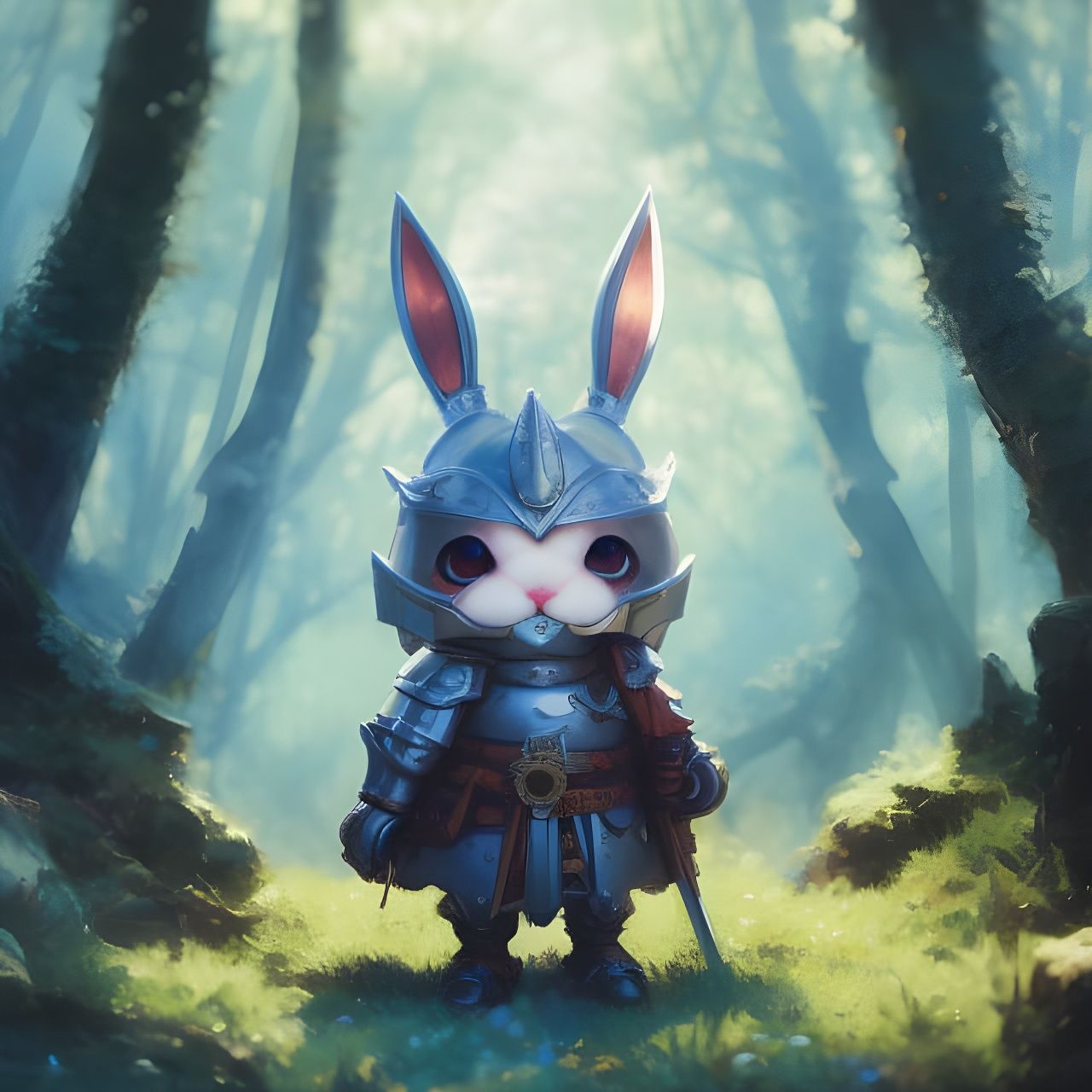 Armored Bunny Knight Paladin in Forest, Digital Art