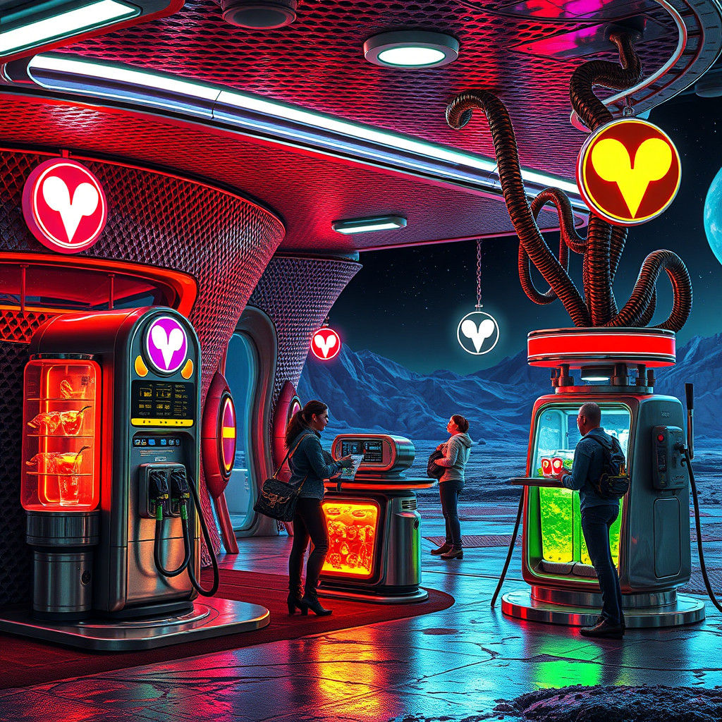 Extraterrestrial Fuel Stop: A Neon Cyberpunk Vision