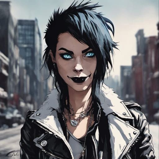 Punk Brunette with Wolf in Detailed Matte Painting