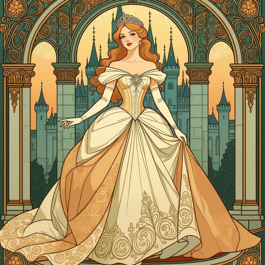 Elegant Princess in Castle, Alphonse Mucha Inspired Art