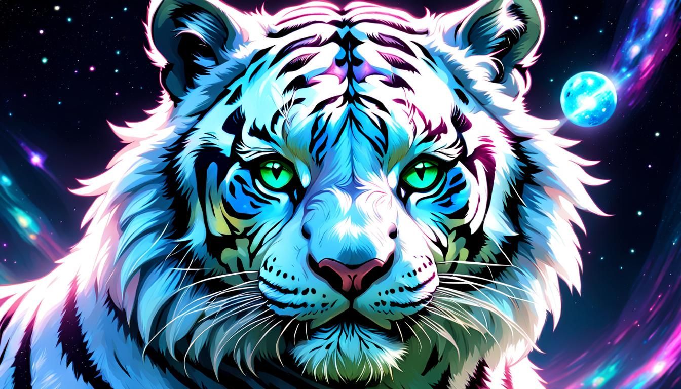 Holographic White Tiger Anthro Illustration in Cosmic Style