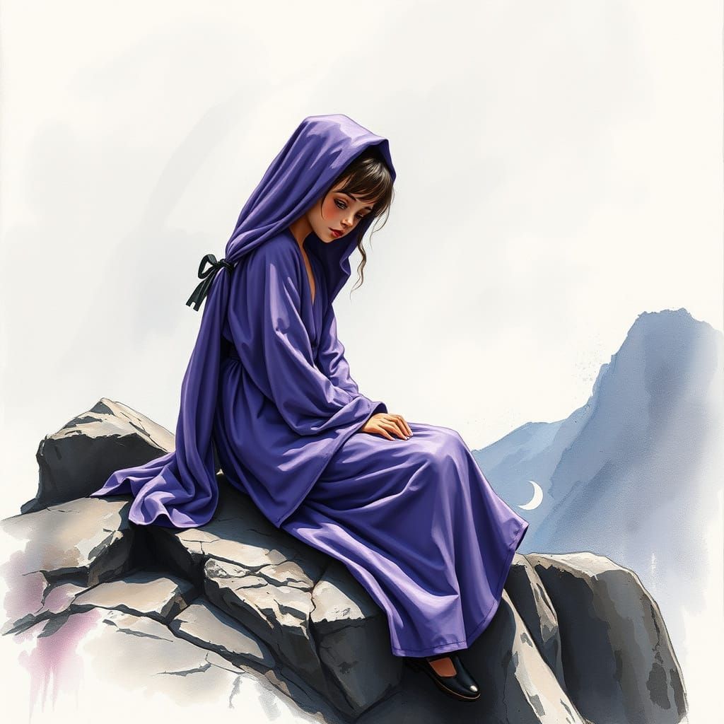 Girl in Violet Robe: Impressionist Charcoal Drawing