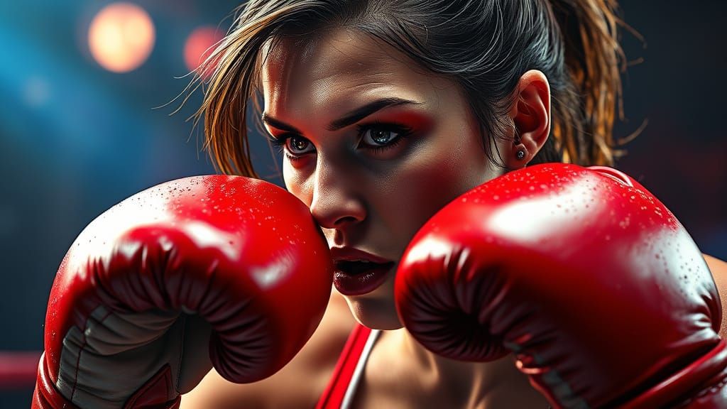 Sweaty Woman Boxer in Ring, Hyperrealistic Splash Art