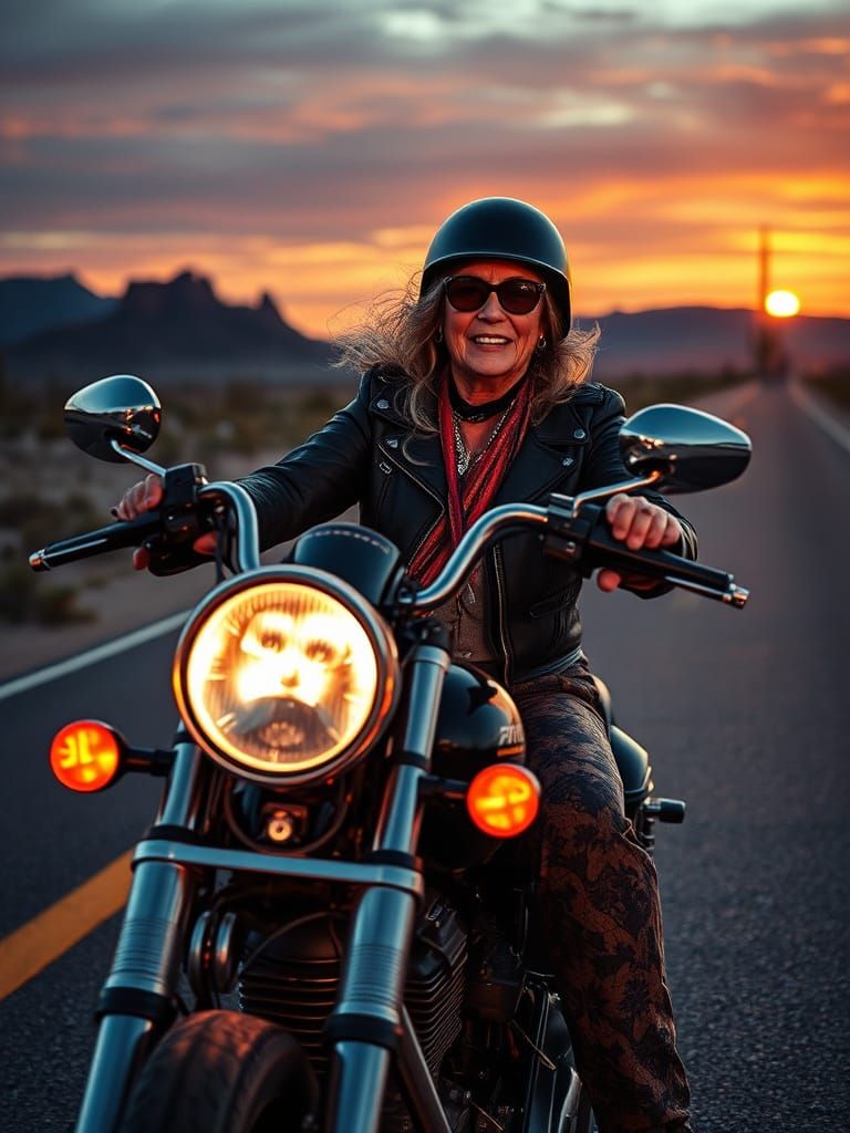 Elderly Biker Woman on Desert Highway at Sunset