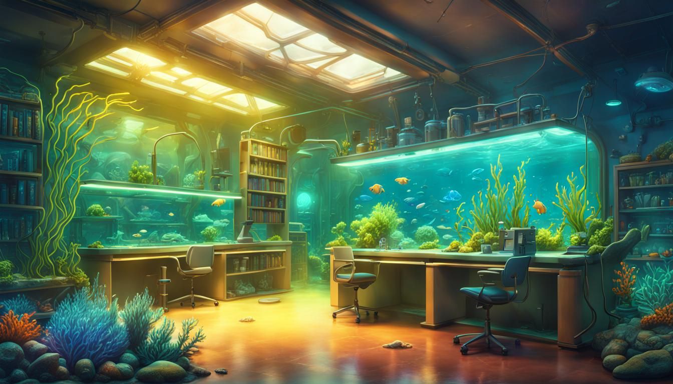 Underwater Science Lab with Coral Reefs in Neon Light