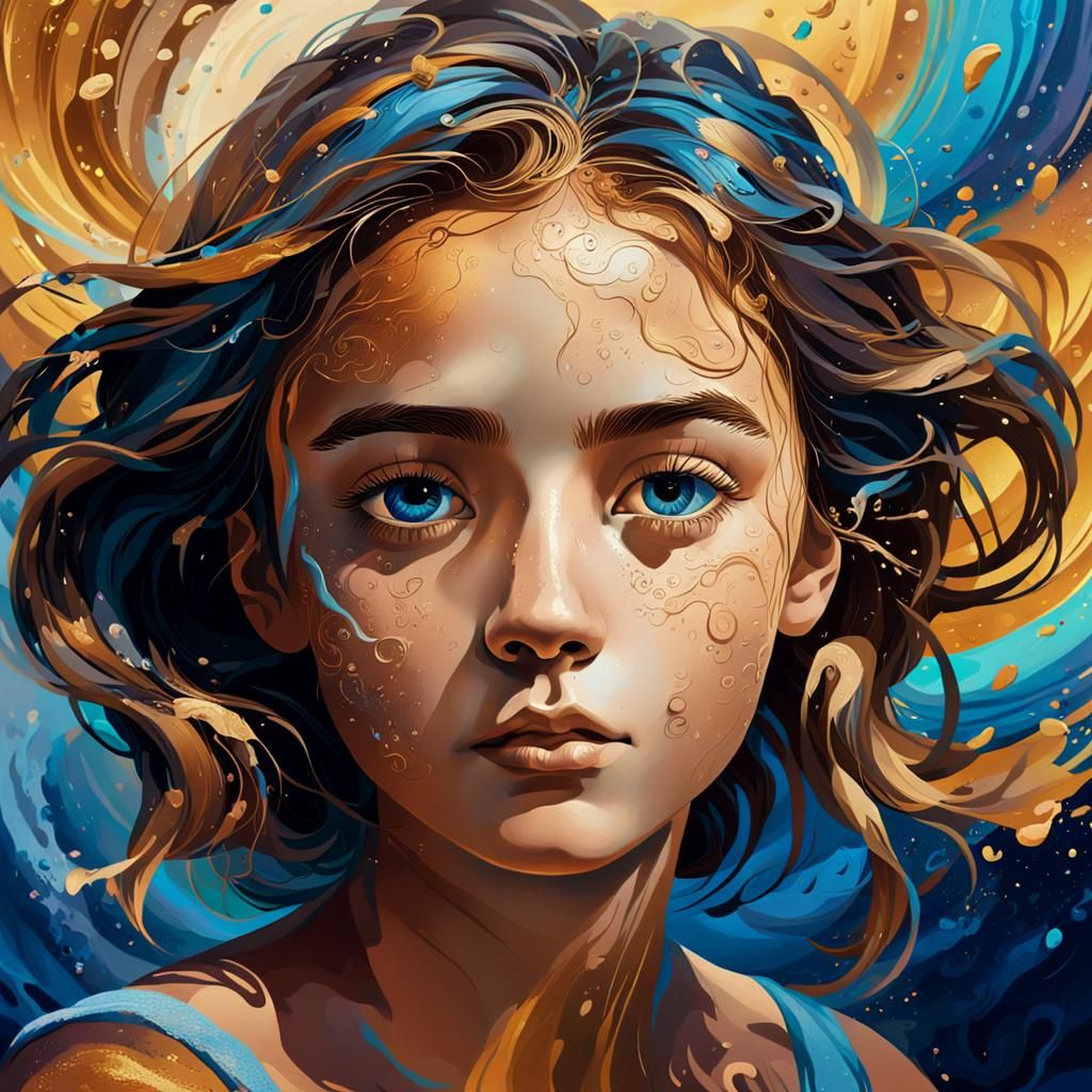 Contemplative Woman in Colorful Splash Art