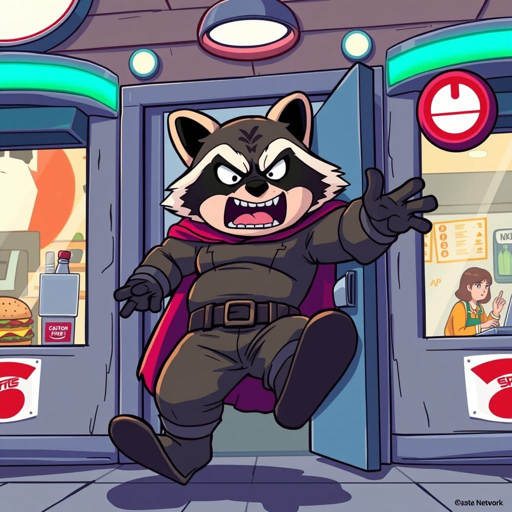 Raccoon Vigilante Kicks Open Fast Food Door