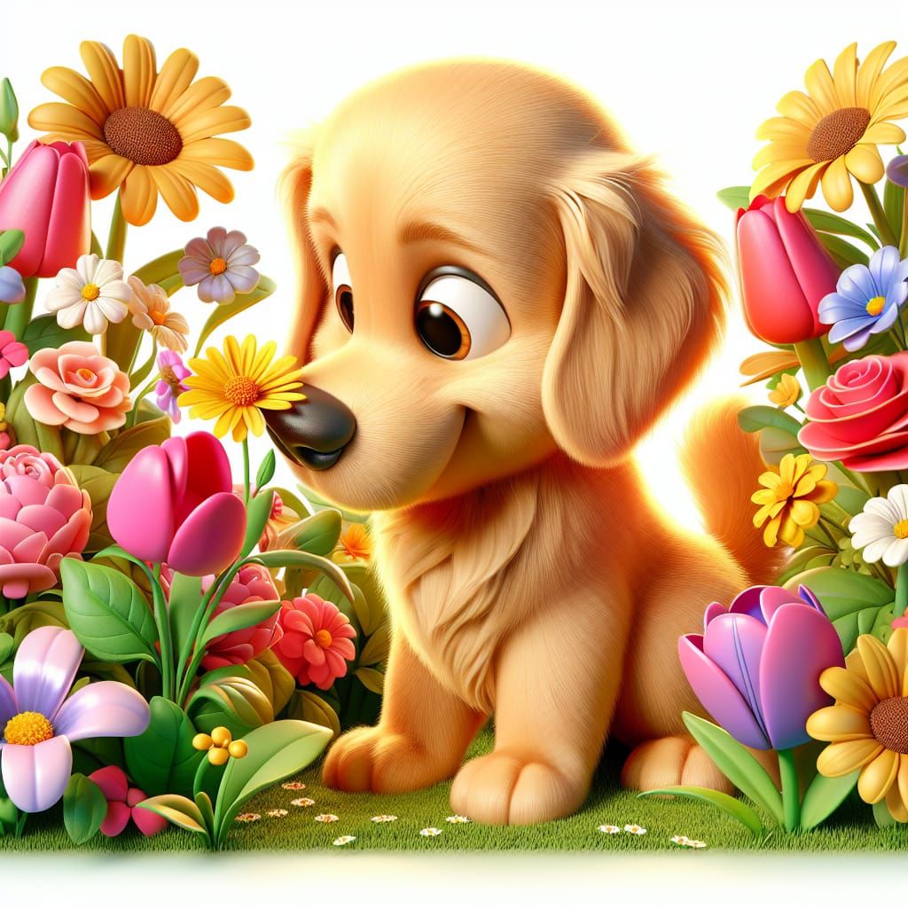 Disney Pixar style 3D adorable golden retriever in a flower garden, smelling a flower