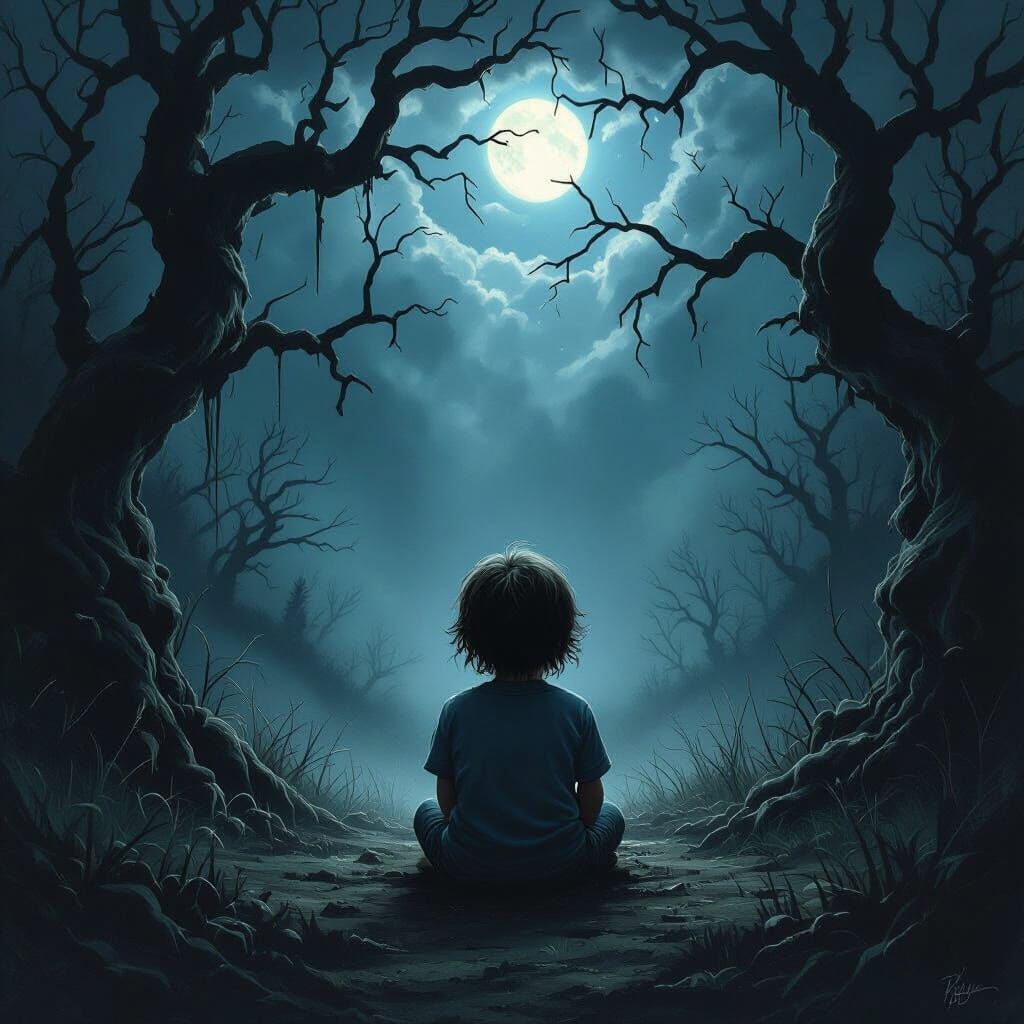 Lost Child in Dark Forest, Dramatic Fantasy Art