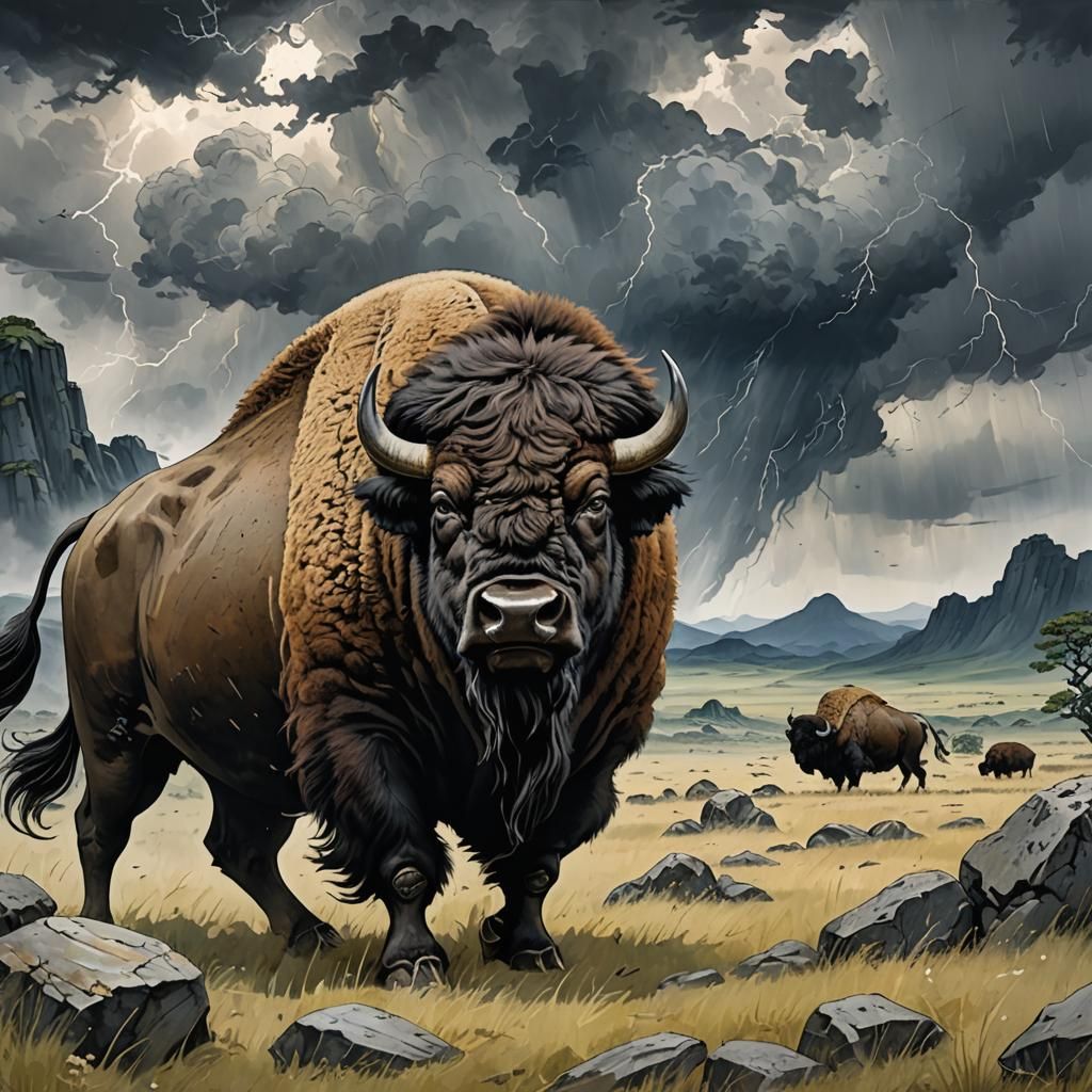 Bison in a rocky grassland