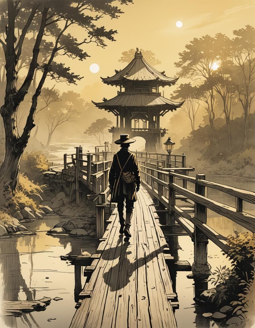 Traveler Crossing Bridge in Old Manga Sketch