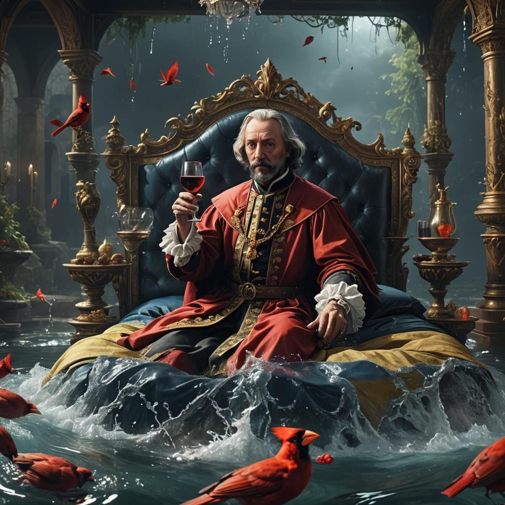 Cardinal Richelieu Relaxing on Floating Bed, Fantasy Art