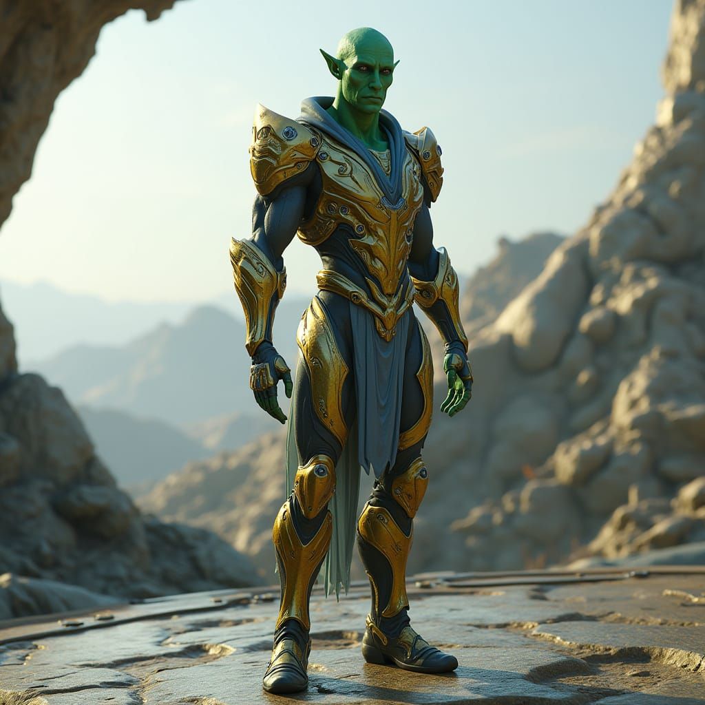 Green Alien Warrior in Futuristic Armor