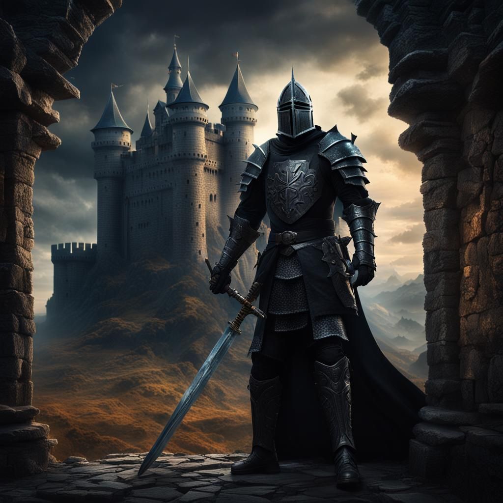Epic Black Knight with Sword and Castle