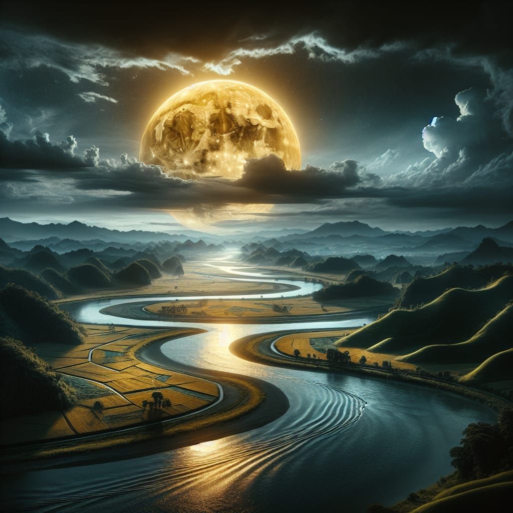 Serene River Landscape with Harvest Moon