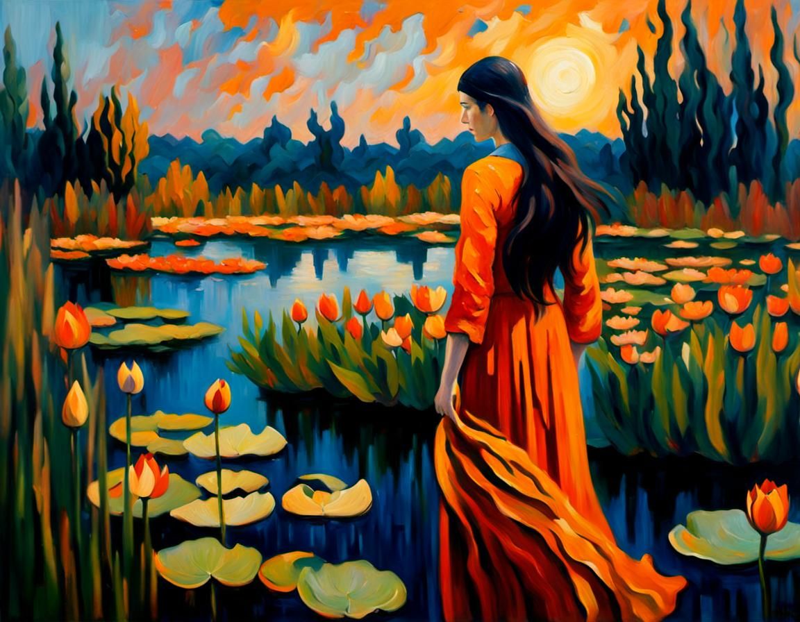 Woman in Orange Dress: Expressionist Oil Painting