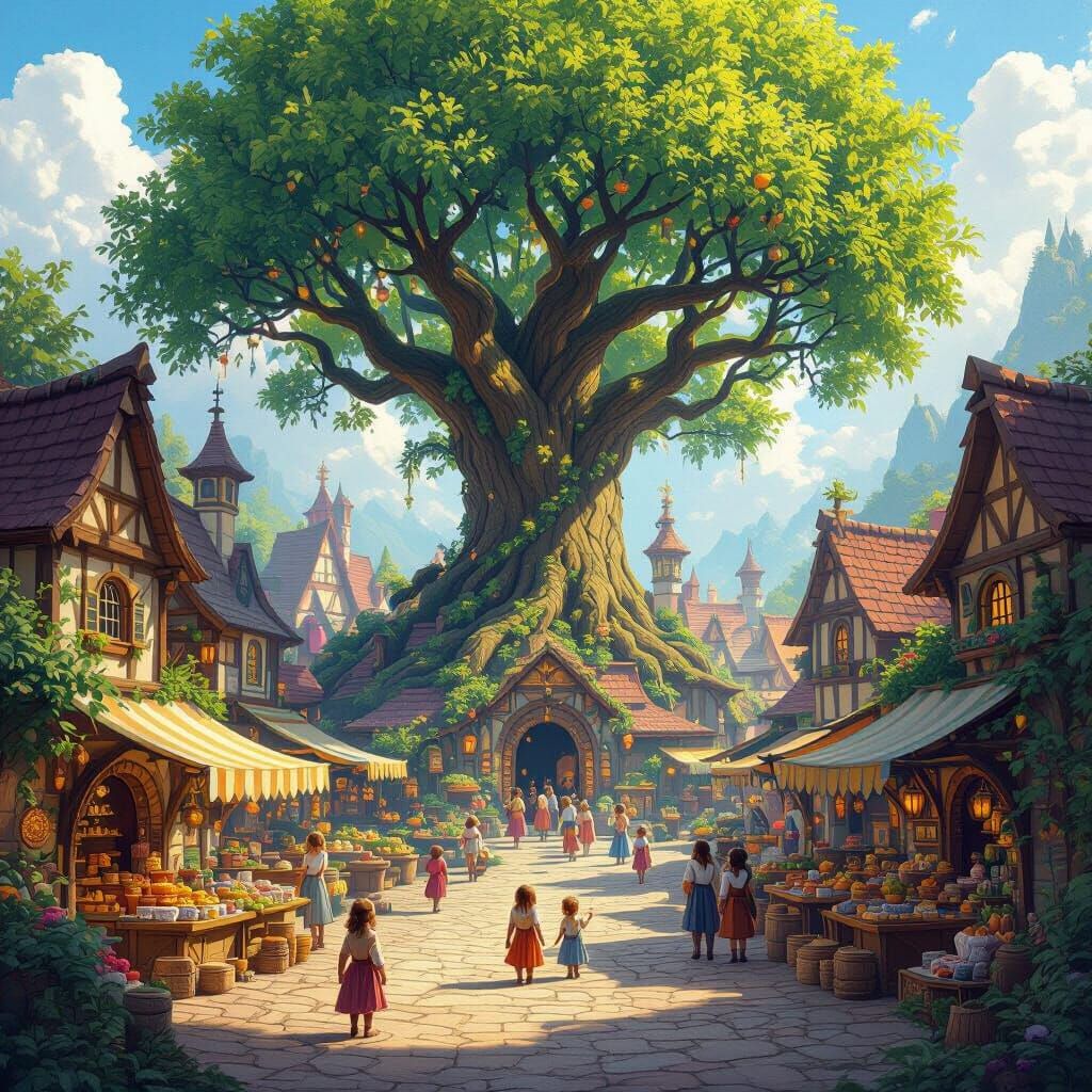 Vibrant Fantasy Village with World Tree and Bustling Market
