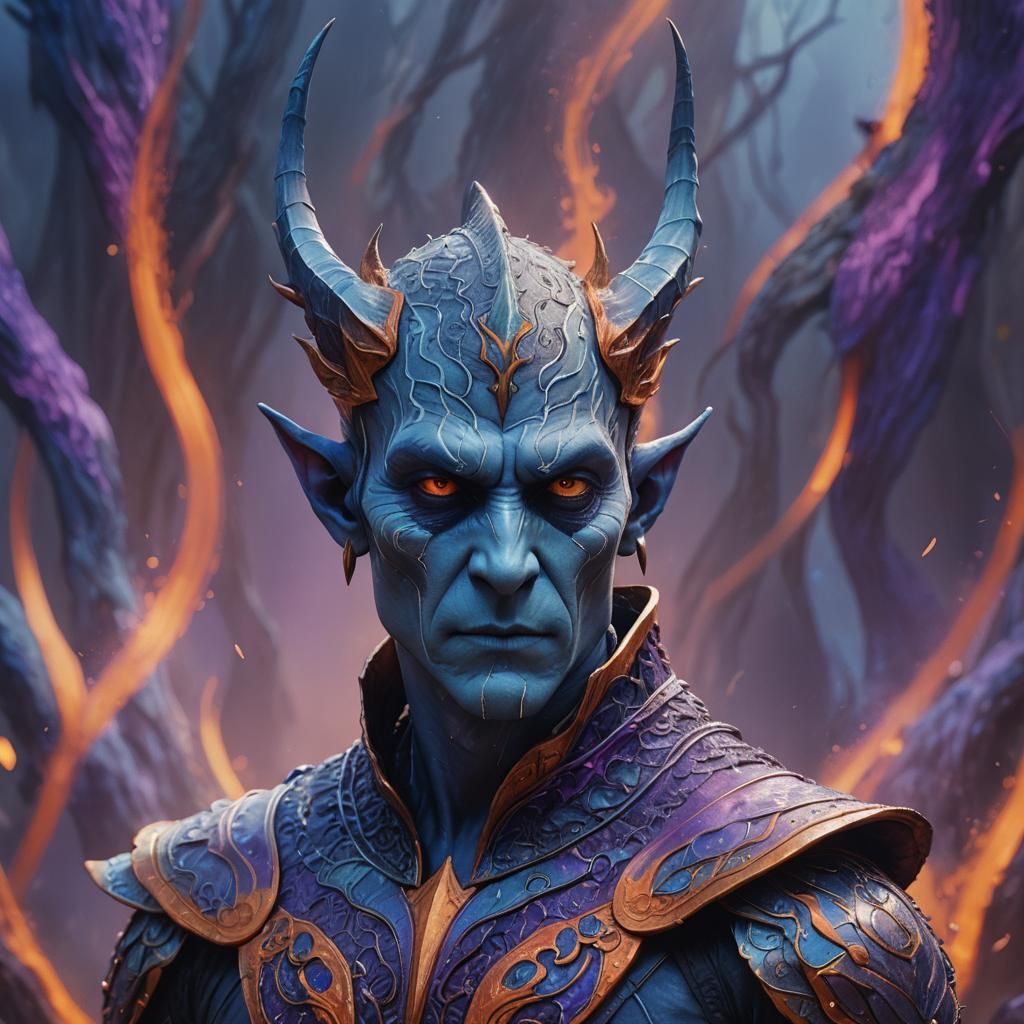Blue-Skinned Man with Pointed Ears in Matte Painting Style