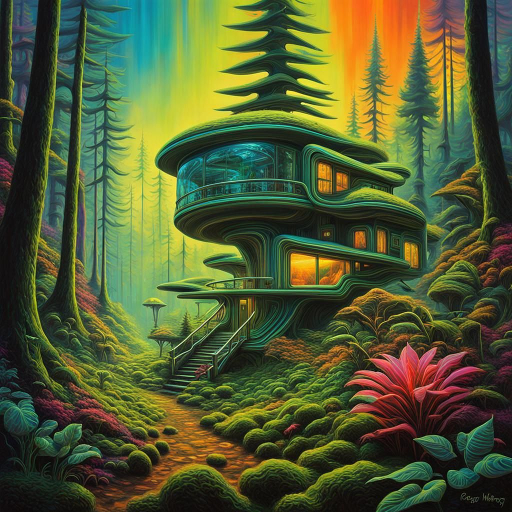 Neon Cottage in Futuristic Forest Landscape