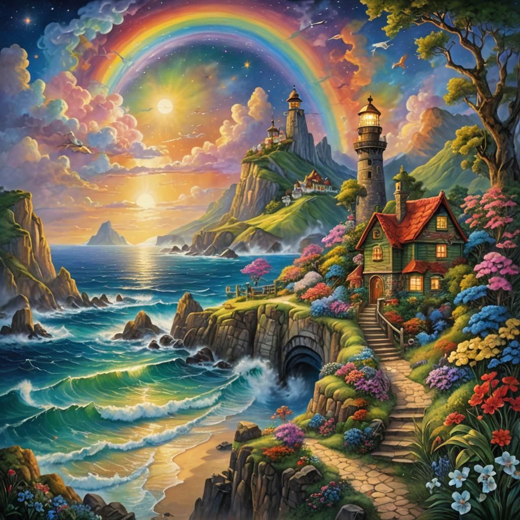 Lighthouse Overlooking Colorful Ocean as Fantasy Art