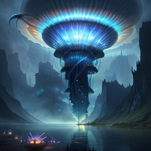 Jellyfish Airships Soar Over Lake in Electric Storm