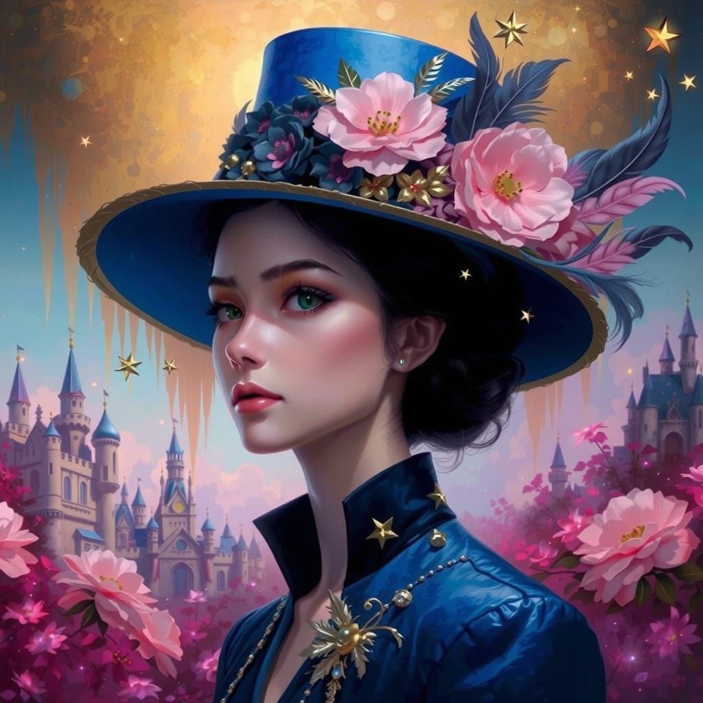 Elegant Young Woman in Whimsical Blue Attire