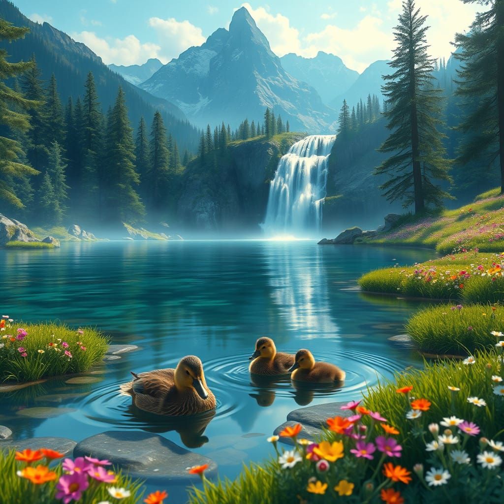 Serenely Splashing Mother Mallard and Adorable Ducklings Ami...