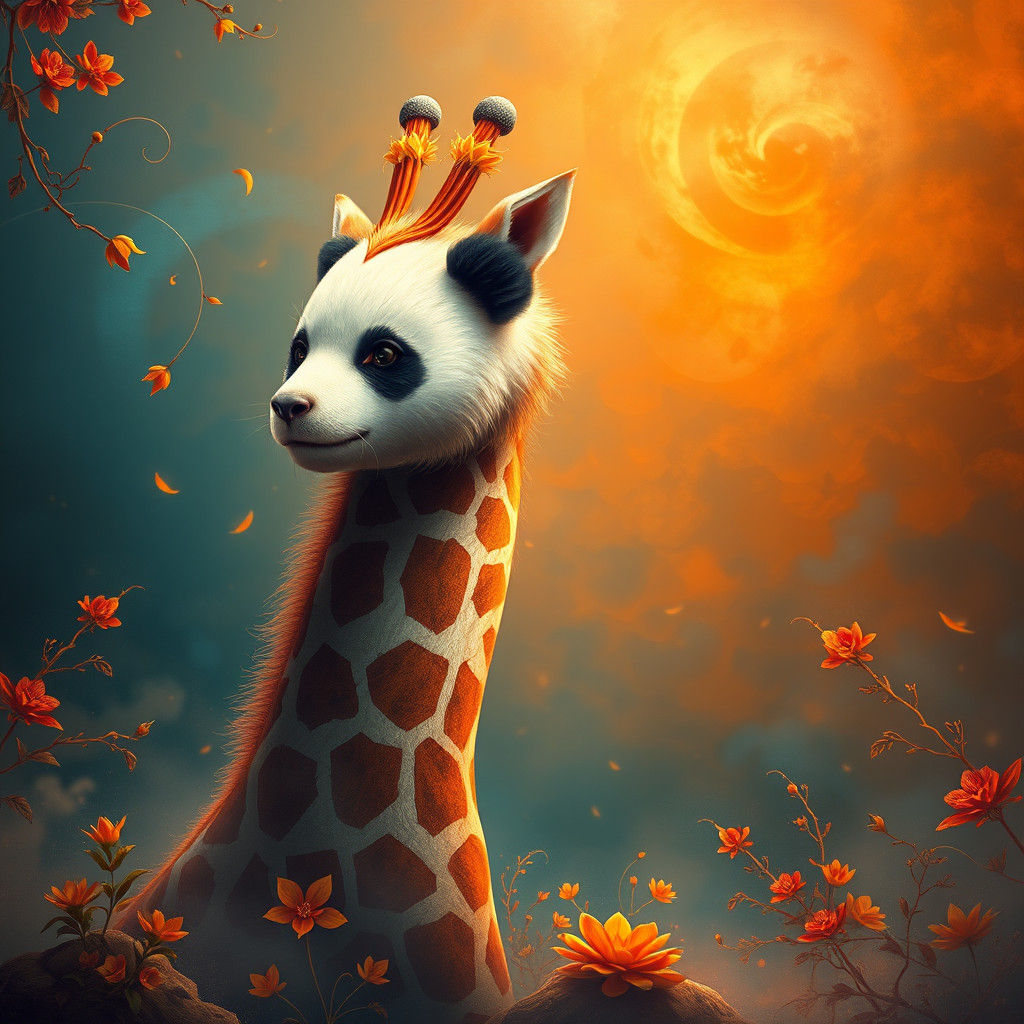 Dreamlike Panda Giraffe Hybrid in a Matte Painting